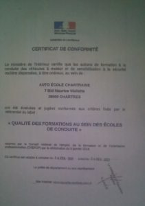 Certificat de conformité - Ecole de Conduite Chartraine