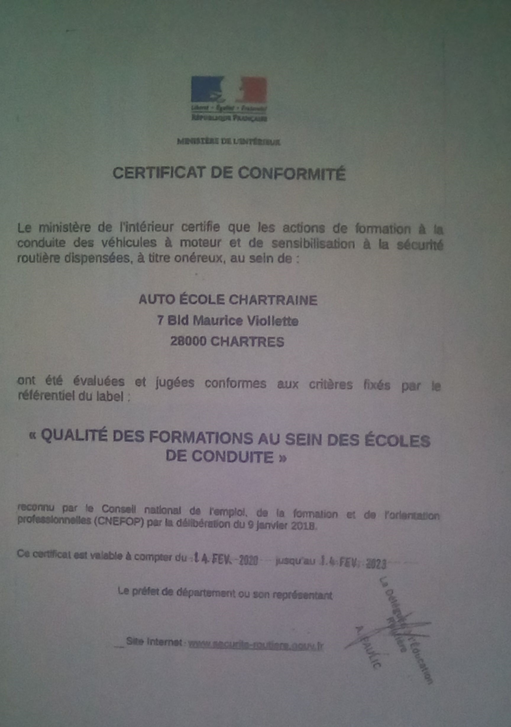 Certificat de conformité - Ecole de Conduite Chartraine