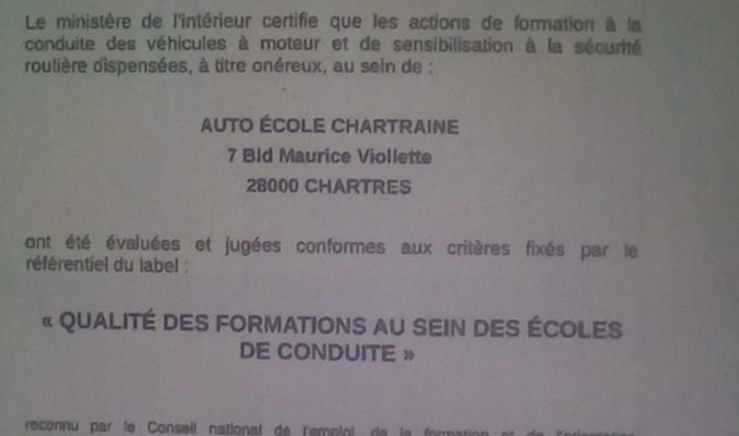 Certificat de conformité - Ecole de Conduite Chartraine